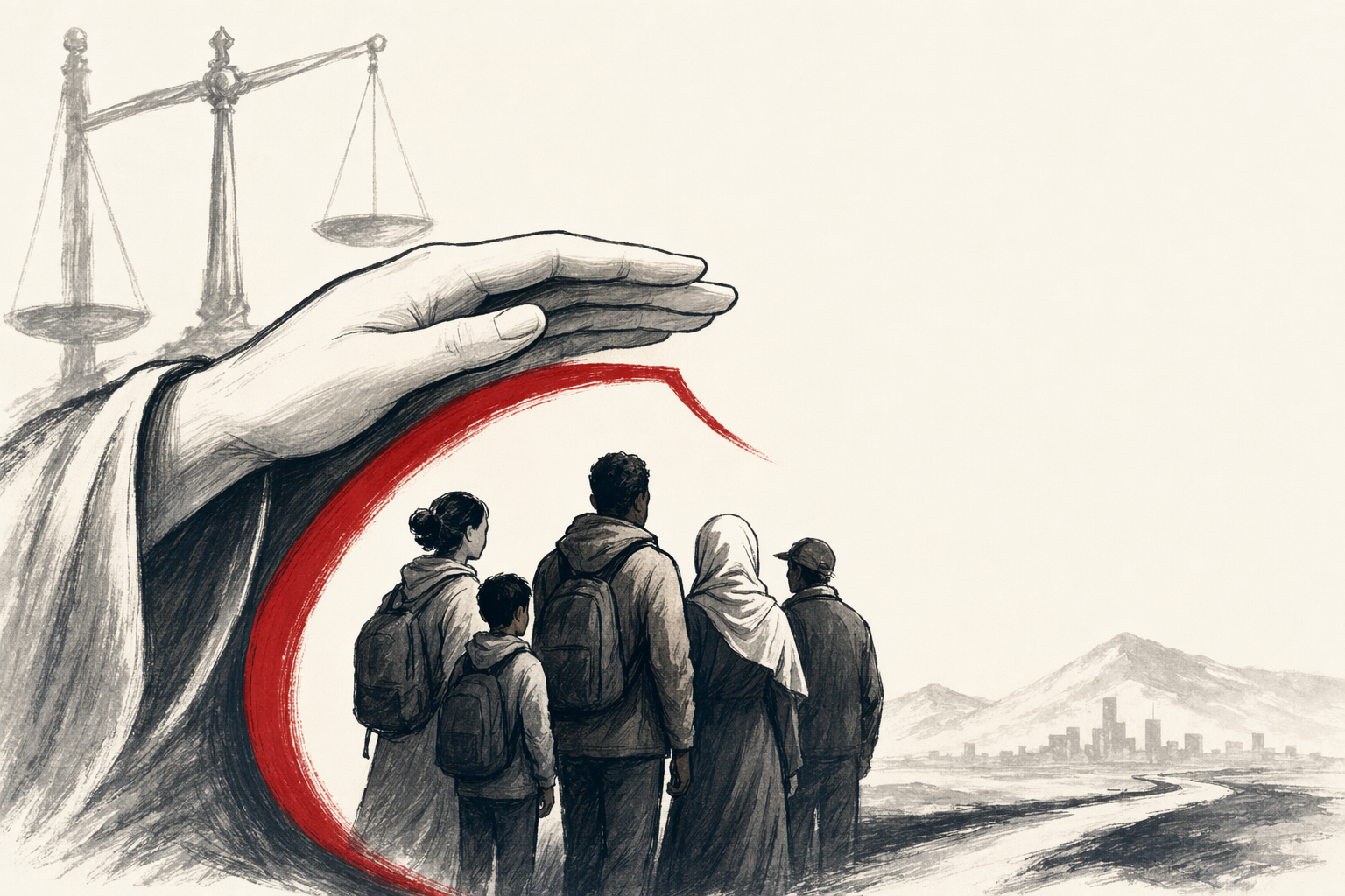 Illustration: a guiding hand and a shield representing protection
