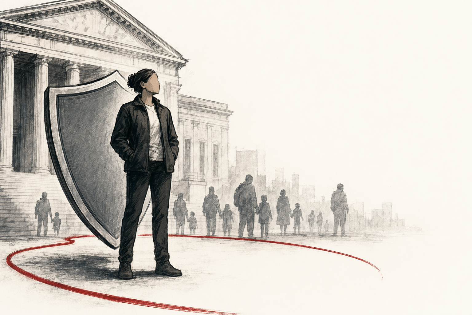 Illustration: a protective shield over a person standing in front of a courthouse